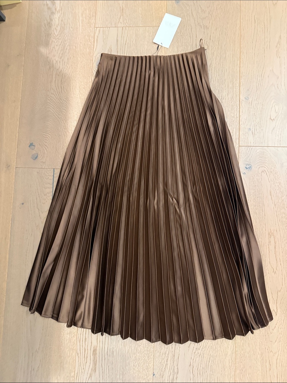 Zara Pleated Satin Midi Skirt in Brown